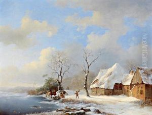 Paesaggio Invernale Con Viandanti Al Riposo Sul Fiume