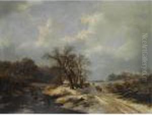 Figures On A Country Road Beside A Frozen River In A Winter Landscape by Frederik Marianus Kruseman