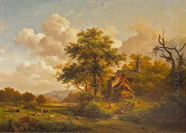 A Tranquil Landscape With Women Washing By A Stream And Cattle And Sheep Resting - view 1