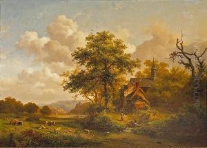 A Tranquil Landscape With Women Washing By A Stream And Cattle And Sheep Resting