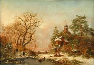 Winterlandscape With Figures Beside A River by Frederik Marianus Kruseman