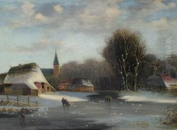 Manner Of Frederik Marianus 
Kruseman- Figures On A Frozen River With A Church And Cottages In A 
Dutch Winter Landscape - view 1