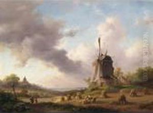 A Summer Landscape With Harvesting Farmers Near The Windmill Of Evere ( by Frederik Marianus Kruseman