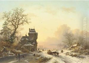 On The Ice By A Mansion At Sunset