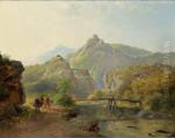 Travellers By A River In A Mountainous Landscape - view 1