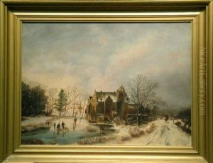 Figures On A Frozen Pond 
 Oil On Canvas