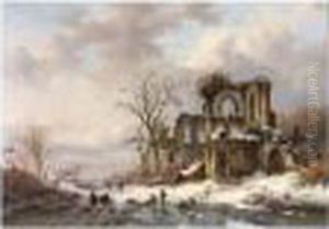 A Winter Landscape With Figures By A Gothic Ruin