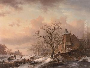 Castle In A Winter Landscape And Skaters On A Frozen River