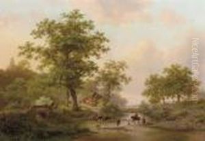 Cattle Passing A Ford In A Wooded Landscape In Summer by Frederik Marianus Kruseman