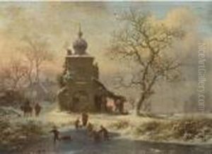 Winterfun At Sunset By A Mansion