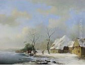 A Winter Landscape With Equestrians Near A Barn