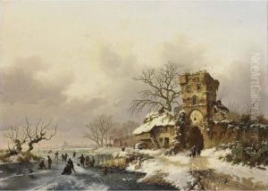 A Winter Landscape With Skaters Near A City Gate