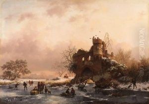 Winter Landscape With Skaters Near A Dilapidated Castle