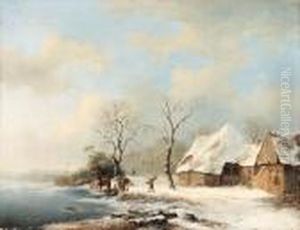 Winter Landscape With Figures On Horseback Near A Barn