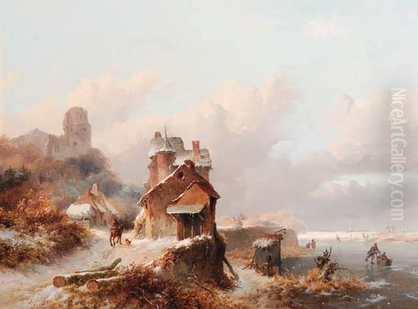 A Winterlandscape With A
Horserider On A Track Passing A Farmhouse,skaters On The Ice Beyond - view 1