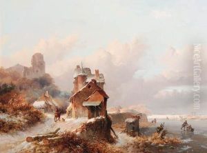 A Winterlandscape With A 
Horserider On A Track Passing A Farmhouse,skaters On The Ice Beyond by Frederik Marianus Kruseman