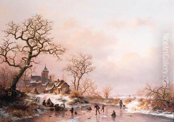Winter: Townsfolk Skating On A Frozen Waterway Near A Fortifiedmansion At Dusk - view 1