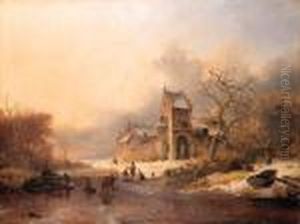 Figures On A Frozen River In A Winter Landscape by Frederik Marianus Kruseman