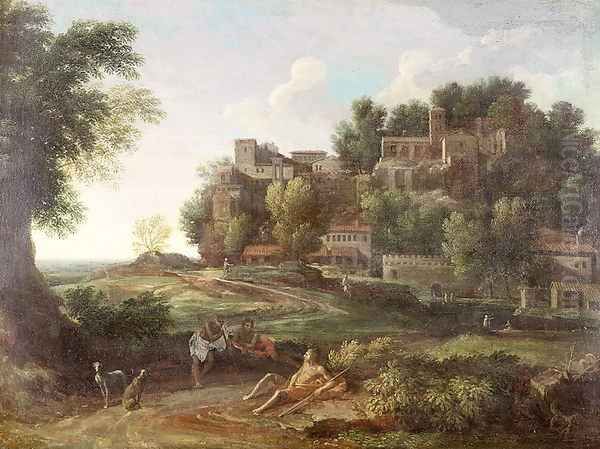 An Italianate wooded landscape with figures resting on a path and a town beyond - view 1