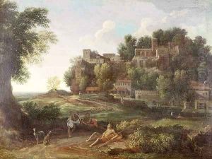 An Italianate wooded landscape with figures resting on a path and a town beyond