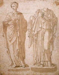 Two Statues of Women with Draped Clothing by Nicolas Poussin