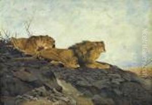 Lion And Lioness In A Rocky Landscape by Wilhelm Kuhnert