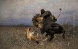 Lions In Combat With A Cape Buffalo by Wilhelm Kuhnert