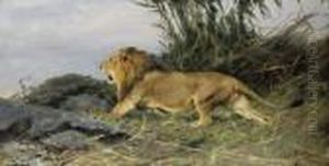 Lowe Auf Der Flucht: A Lion In Flight by Wilhelm Kuhnert