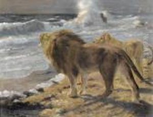 Lowenpaar Am Meer Bei Brandung. by Wilhelm Kuhnert