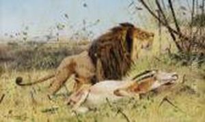 Mahnenlowe Mit Geschlagener Sabelantilope by Wilhelm Kuhnert