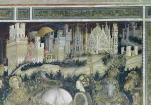 St. George and the Princess of Trebizond, detail of the city in the background, c.1433-38 by Antonio Pisano (Pisanello)