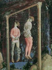 St. George and the Princess of Trebizond, detail of two hanging men from the left hand side, c.1433-38 by Antonio Pisano (Pisanello)