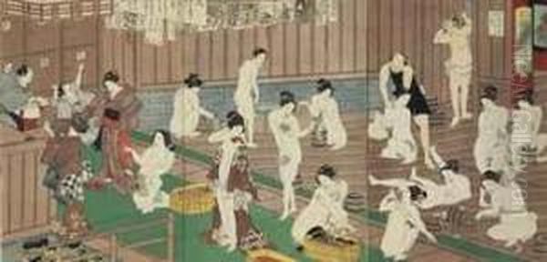Hada Kurabe Hana No Shobuyu (a Comparison Of Flesh At The Iris Bath)
Woodcut Triptych Of Women And Children At A Public Bathhouse - view 1
