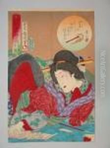Une Jeune Femme Allongee Lit Une Lettre by Toyohara Kunichika
