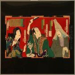 Trypticon Oban Woodblockprints In Colours With Famous Actors by Toyohara Kunichika