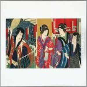 Triptykon Oban Woodblock Prints With Kabuki Actors In A House by Toyohara Kunichika