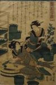 Preparing Mulberry Leaves For Silk Worms by Toyohara Kunichika