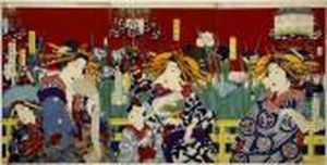 Three Beaties In The Iris Garden by Toyohara Kunichika