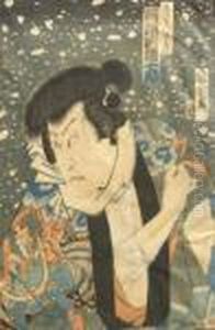 The Actor Kawarazaki Gonjuro Asa Character Preparing For A Fight by Toyohara Kunichika