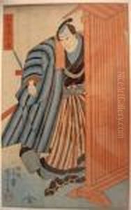 Actor Print In Blue by Toyohara Kunichika