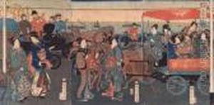 Geisha And Foreigners By The Sea by Toyohara Kunichika