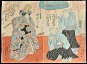 Diptych: An Actor In The Role Of A Nobleman And Two Buddhist Priests