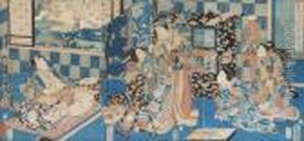 Tryptique Representant Une Scene Du Genji Monogatari. - view 1