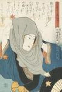A Girl Adjusting Her Headscarf In The Wind With Falling Ginko Andmaple Leaves by Gototei Kunisada