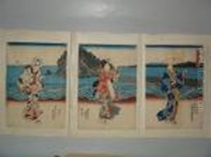 Trois Jeunes Femmes Au Bord De La Mer by Gototei Kunisada