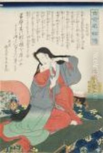 Tokiwa Gozen Kleedt Zich Aan by Gototei Kunisada