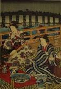 Deux Geishas, Dont L'une Tient Un Samisen by Gototei Kunisada