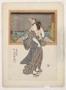 Kvinna Barandes Ett Barn by Gototei Kunisada