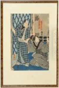 Depicting A Man And Woman Beside A Lattice Doorway by Gototei Kunisada