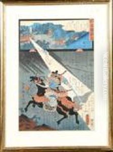 A Mounted Swordsman In A
Lightening Storm With A Secondary Landscape Depicted In The Upper
Portion Of The Composition by Gototei Kunisada